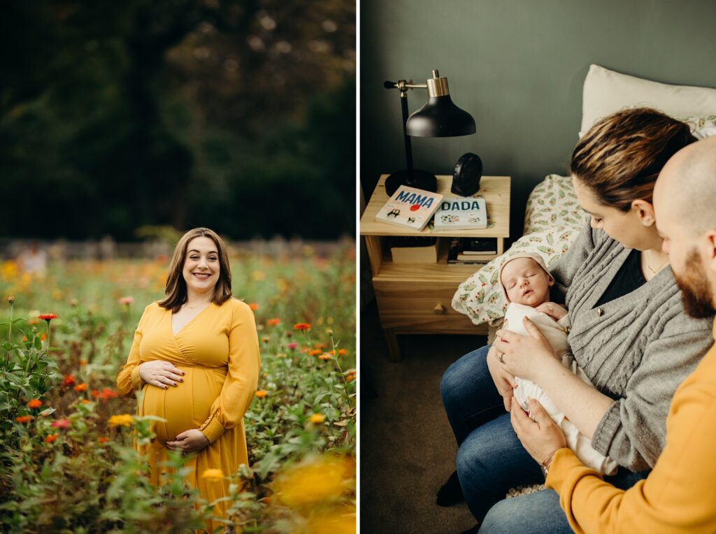 a photocollage, the first picture is a pregnant women smiling at the camera. the second photo is of two parents holding & staring at their newborn 