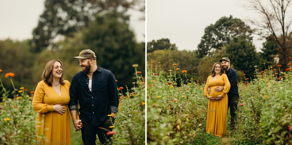 a photocollage of a pregnant women and her husband laughing and smiling while standing in a field of flowers