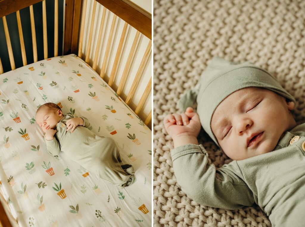 a photocollage of 2 photos of a baby boy. the first photo is him sleeping in his crib. the second photo is a close up of him sleeping 