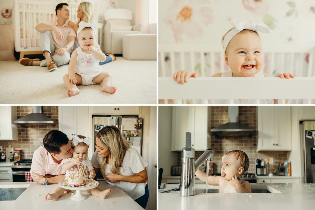 a collage grid of 4 images consisting of one family. the top left image, the baby girl is sitting in front of the camera, with her finger in her mouth smiling and her parents are sitting behind her in background smiling at each other. the top right image shows the baby standing in her crib, looking off to the right while she laughs. the bottom left image is in the family's kitchen. the baby sits on the kitchen island, with a smashed white & pink cake sitting between her legs on a cake stand. her parents are on either side of her- dad is kissing her cheek and mom is looking at her smiling. the bottom right image, the baby is now in the kitchen sink getting a bath. her tongue is out as she observes the water from the faucet. 