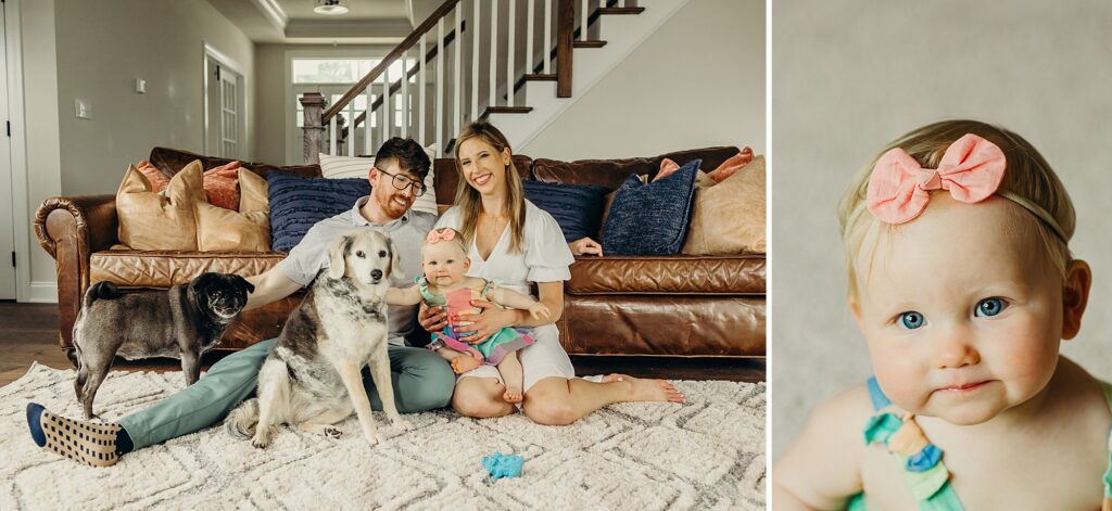 a collage of 2 photos. the left photo shows a family sitting on the floor in the living room of their modern home. the father is petting his small dog, while looking at his baby girl that is sitting in his wifes lap. The wife is on the right of him, holding the baby who is petting their larger dog. the mom & daughter look into the camera smiling. the image on the right is a close up of the baby girl as she looks into the camera. 