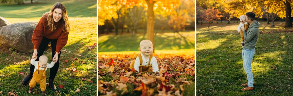 a collage of 3 images, all taking place in a park in the fall. The first shows a mother helping her son learn to walk as she looks into the camera smiling. The second photo shows the same baby, now crawling in the orange fall foliage. The last photo is of a father, holding the son as he kisses his cheek.  