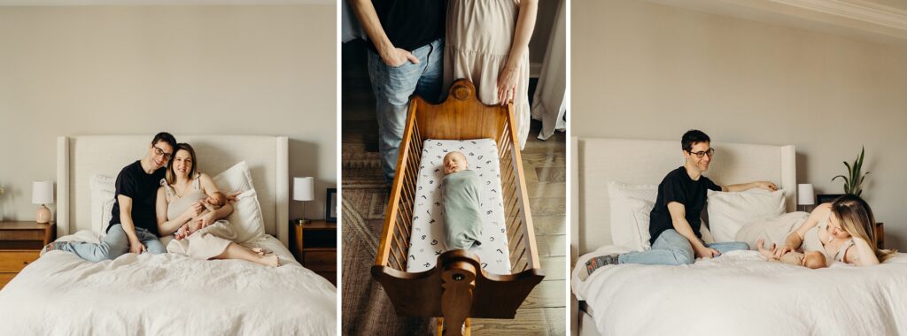 a collage of 3 images. The first and 3rd image show a married couple and their newborn and it takes place on a queen bed in a white bedroom. The 1st photo, the mother is holding her son as both parents look into the camera smiling. The third photo the dad is smiling, looking at his family as the mother and son lay on the bed looking at lone another. The second image shows the baby asleep in his wooden crib, and his pants bodies behind the crib, watching him. 