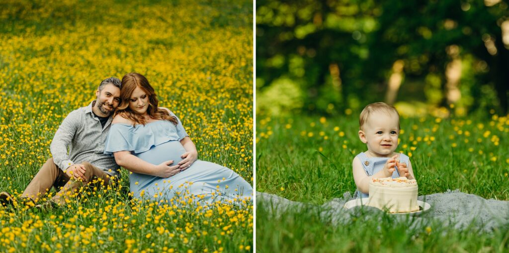 a collage of 2 images. the photo on the left is of a couple sitting in a field of yellow buttercups. the husband (on the left) is looking into the camera smiling, as his wife looks at her pregnant belly. the image on the right is of their son, now sitting in the same field of yellow buttercup flowers, with a white & yellow cake sitting in front of him. 
