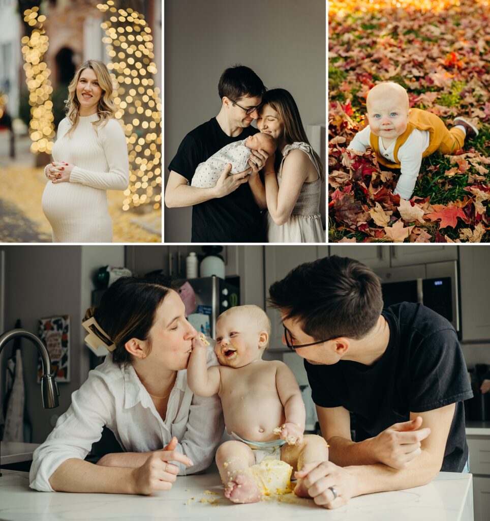 collage consisting of 4 photos. the first shows a pregnant woman smiling at the camera, with her hands interlocked resting on her belly. she's outside in the early winter, standing in front of trees that are lit up with fairy lights. the second photo shows the same woman, now standing inside next to her husband, as they both lovingly look at their newborn son. the third photo is of the son, now at 9 months old. Hr's crawling in autumn colored leaves, while looking  up & smirking at the camera. The last image is of the whole family inside their modern kitchen. The pants are leaning against a white marble island, while their 1 year old son is sat in between them. The baby has smashed up cake in between his legs and is smashing some of the leftovers into his moms mouth, while dad laughs at them. 
