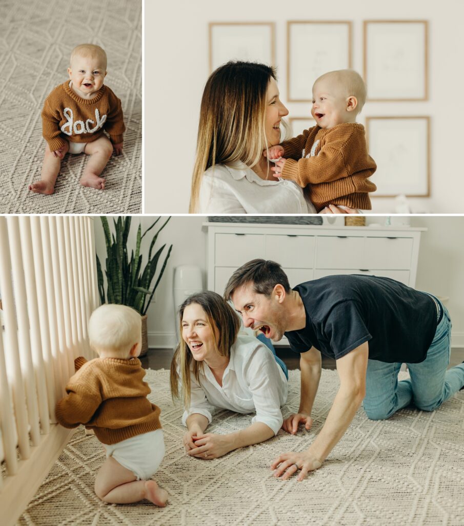 collage of 3 photos. the first is a smiling baby looking into the camera. he is sitting on a white rug, while wearing a burnt orange sweater that says "Jack". The 2nd photo shows the same baby being held by his mother. They're looking at one another laughing. The 3rd photo shows the baby & both of his parents on the white rug. The baby is holding onto his crib while looking at his parents. The parents are both trying to get his attention by laughing & making faces. 