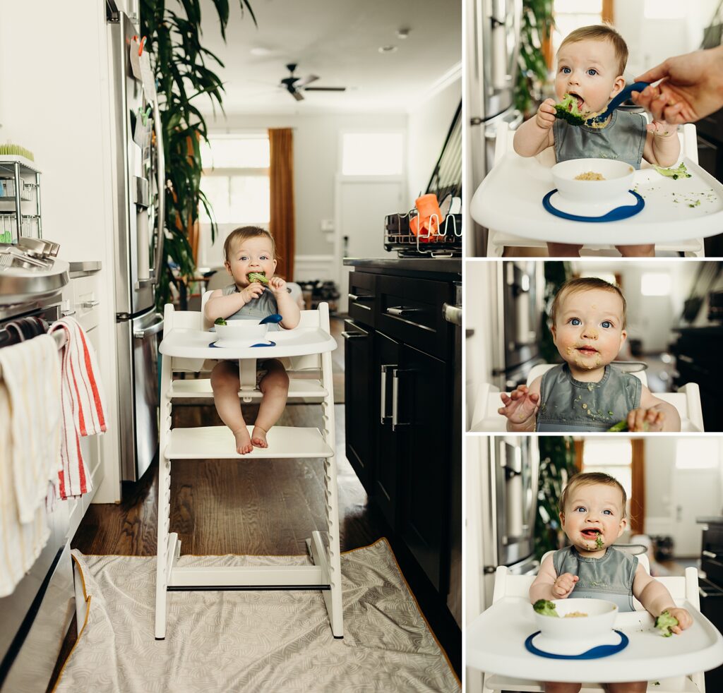 a collage of 4 images. one long vertical image on the left and a column of 3 short horizontal photos on the right. all the images show a baby girl snacking on broccoli and hummus as she sits in her height chair in her family's modern kitchen