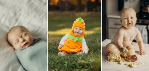 a collage of three images that show the progression of a baby boy's first year of life. The first image is of a sleeping newborn baby, swaddled in a light blue blanket. The next photo is of the baby at 9 months old, sitting in the grass while wearing a pumpkin costume. The baby is smiling at the camera. The last photo is of the baby at 1 years old, sitting on a kitchen counter. He is wearing just a diaper, as the remains of a smashed up cake sit at his feet, as he looks into the camera.