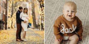 collage of 2 images. the first is a couple standing on a street in front of trees that a re lit up by fairy lights. The husband is standing behind his pregnant wife, with his arms wrapped around her. Both of them have their hands resting on her belly, as they look at it smiling. The second photograph is of a baby smiling up at the camera as he wears a burnt orange sweater that says "Jack"