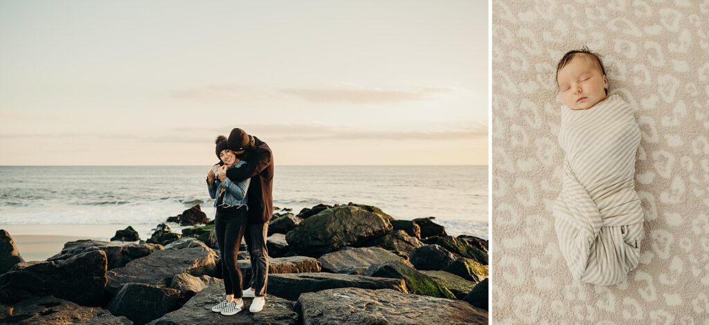 a horizontal photo of a couple standing on the beach in winter. the man is hugging his fiance from behind & kissing her cheek as she smiles. a vertical image to the right of the horizontal photo, of their newborn baby swaddled. 