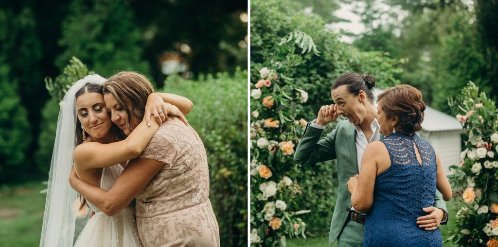 1 image on the left shows a bride lovingly hugging her mother at her outdoor wedding. the image on the right shows a groom wiping away a tear while hugging his mother at his outdoor wedding. 
