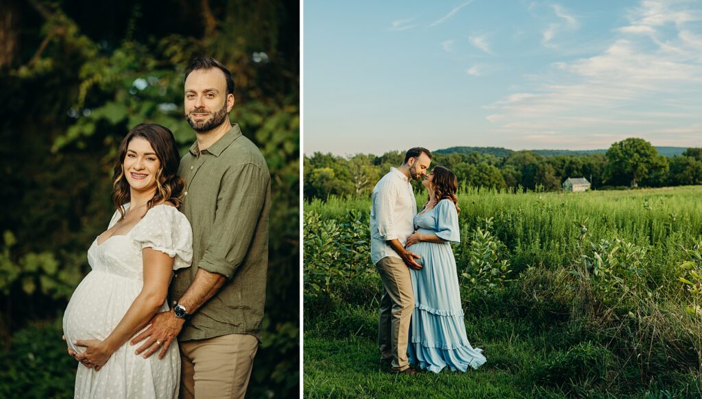 a maternity session in an open Pennsylvania field. the first photo the pregnant wife is in a white dress, as her husband stands behind her. in the second image, the couple is kissing one another with beautiful blue skies behind them as she's in her blue dress.