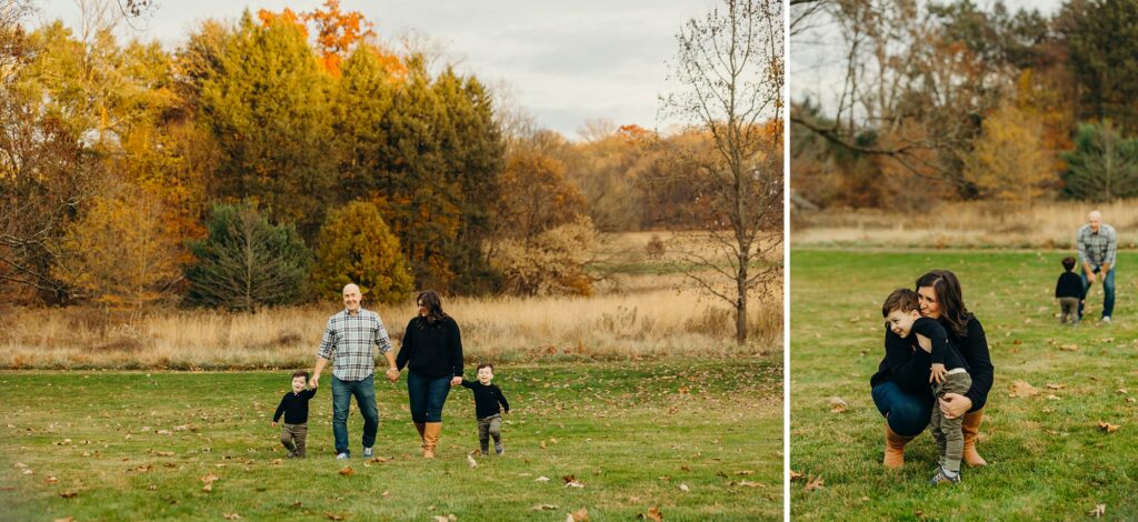 a family of four, consisting of a mom, dad and 2 twin boys walking and playing in a field during the Fall season in Philadelphia. 