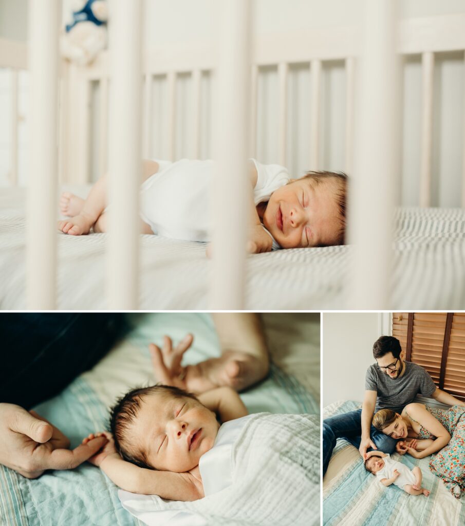 3 photos of A newborn boy sleeping in both his crib and his parents bed, while laying with them i his family's center city Philadelphia home.  