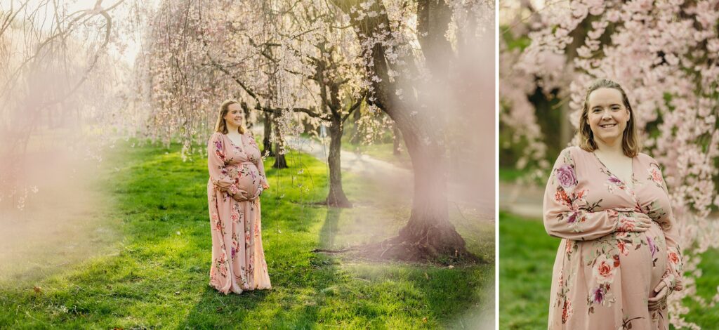A pregnant women in a pretty pink dress standing in a park surrounded by Cherry Blossoms in Philadelphia. 