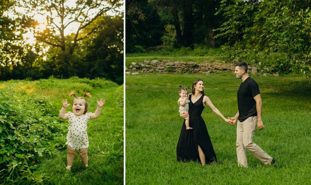A family of 3 hanging out in a Mt. Airy, PA park during their family photos. 