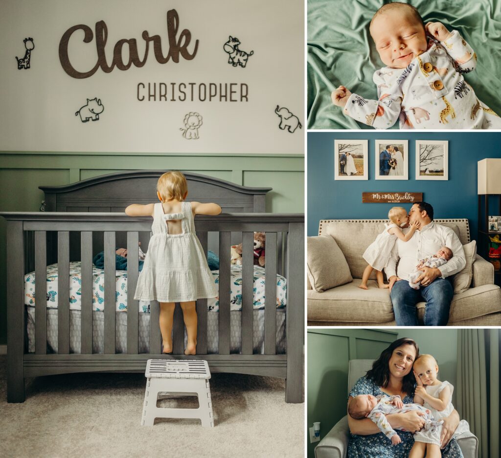 A newborn photoshoot in a Penn Valley family home. The older sister is peering into her baby brothers crib and cuddling with her parents. 