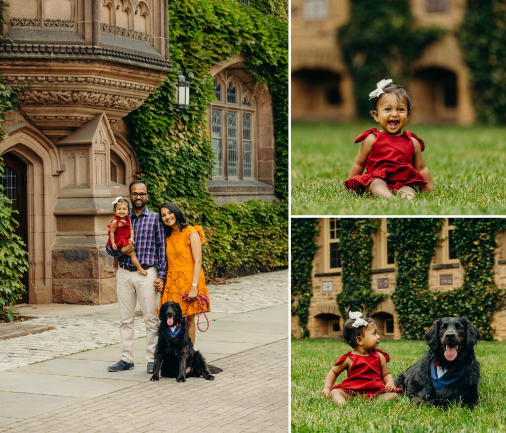A family of three taking a stroll through Princeton NJ with their dog. 