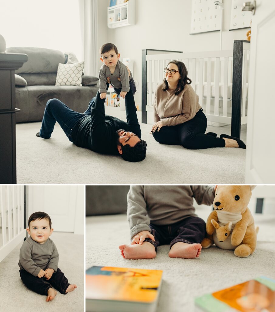 A baby under a year old playing in his nursery with his parents in their Phoenixville, PA home