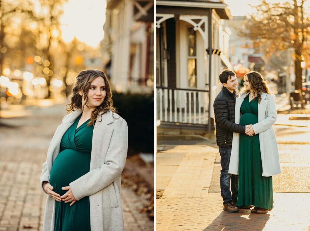 a collage of 2 vertical images showing a pregnant women in Philadelphia. She is posing for her maternity photos, in the first photo alone, and in the second photo she is lovingly smiling looking at her husband. 