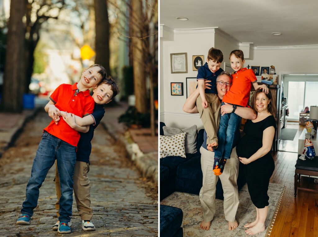 A family of four posing both inside their home and outside of it. Their home is located in Fitler Square, Philadelphia and the photos show off Old City. 