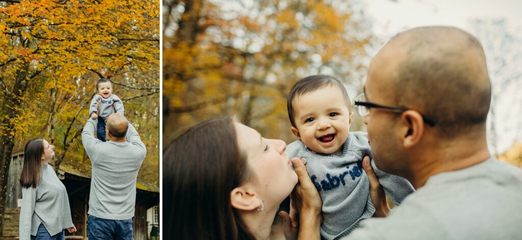 2 photos of a family of three- consisting of a mom, dad and baby boy having fun in the fall weather in Philadelphia's WIssahickon Park. 