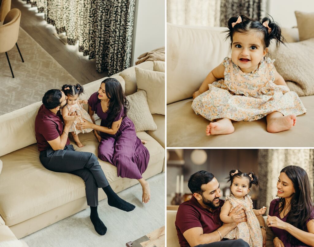 A family of 3- consisting of a mom, dad and baby girl sitting in their living room during their at home photoshoot in Philadelphia. 