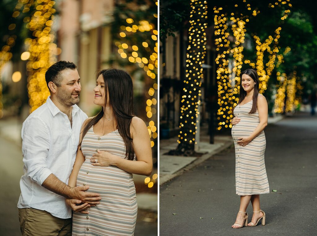 a couple during their summer maternity photoshoot on Addison Street in center city Philadelphia 