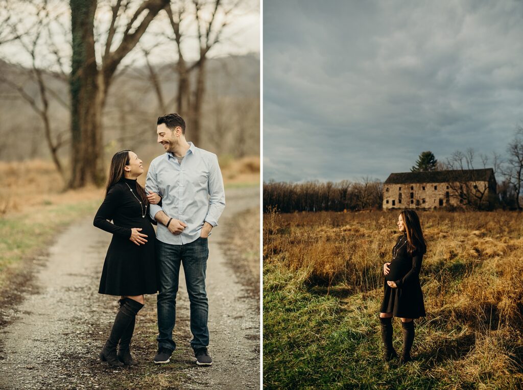 a couple taking thier maternity photos in collegeville during the late fall / early winter