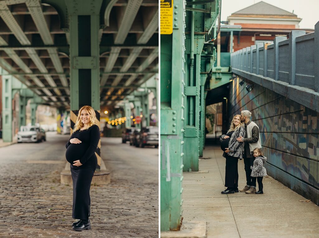 a family of three doing a maternity photoshoot in the Manayunk neighborhood in Philadelphia, PA