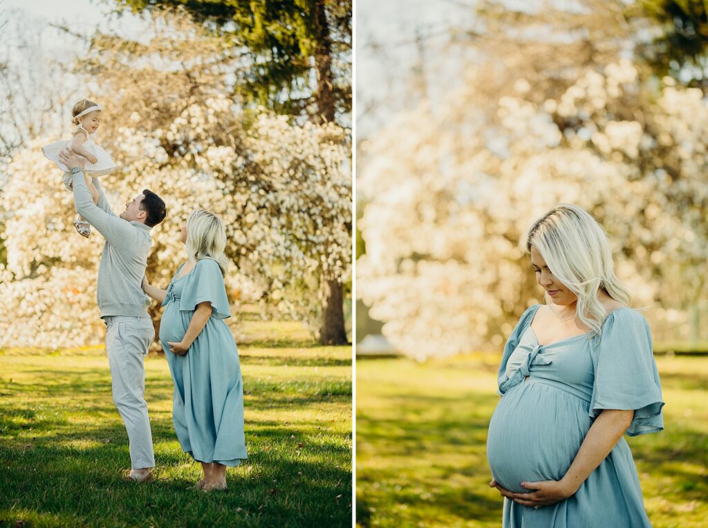 a family of three having fun during their lifestyle maternity session in ardmore, pa