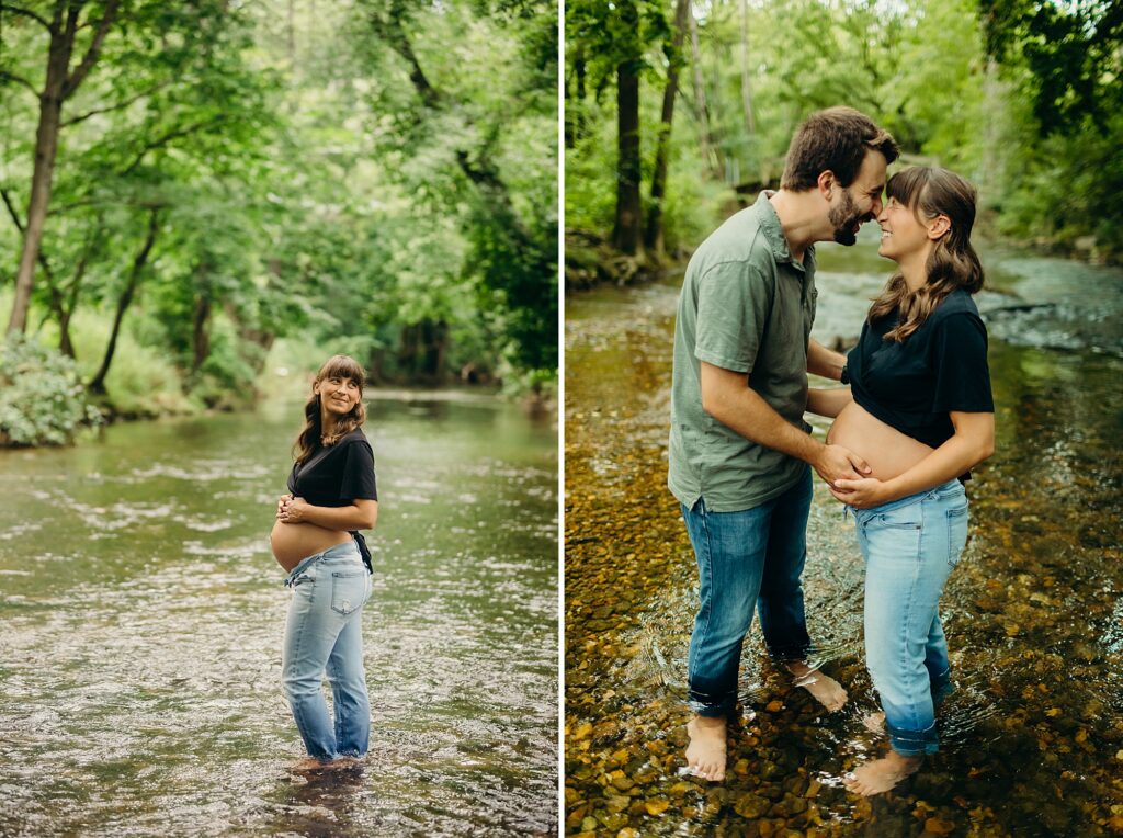 a couple standing in the water for their maternity photoshoot in Valley forge 