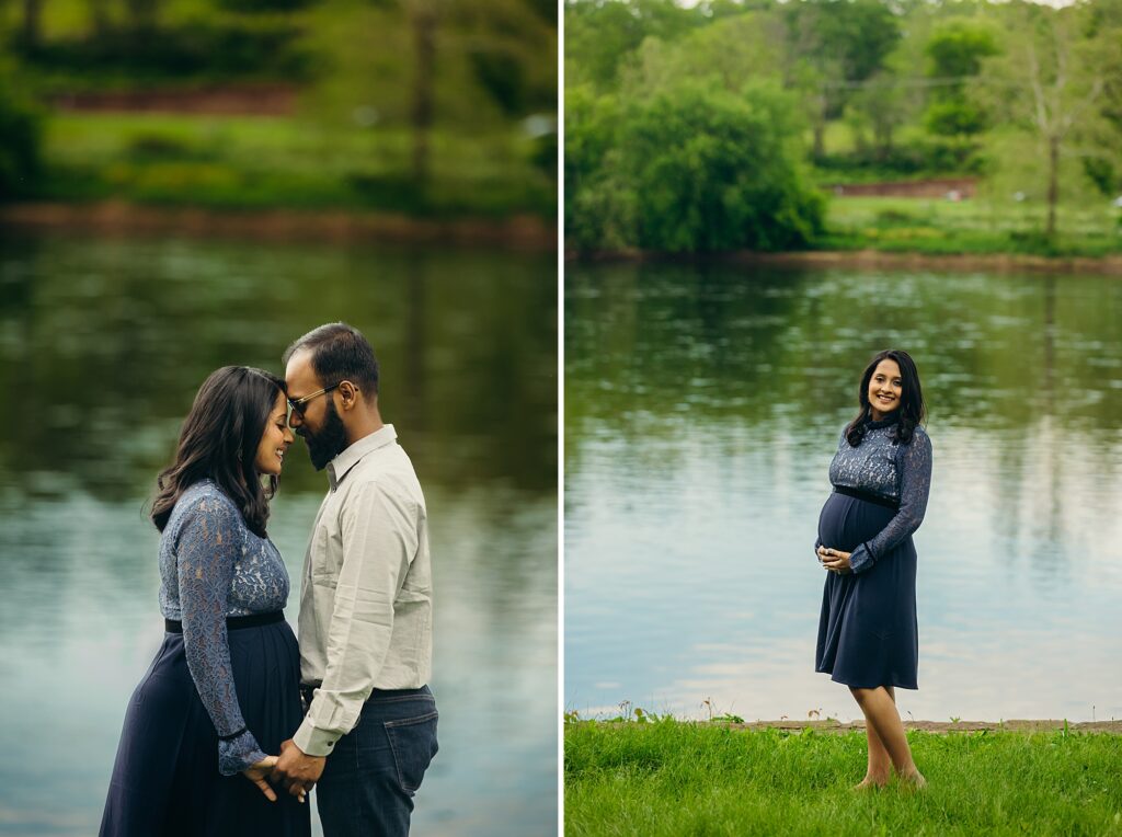 A willow grove maternity session featuring a couple posing in front of a body of water