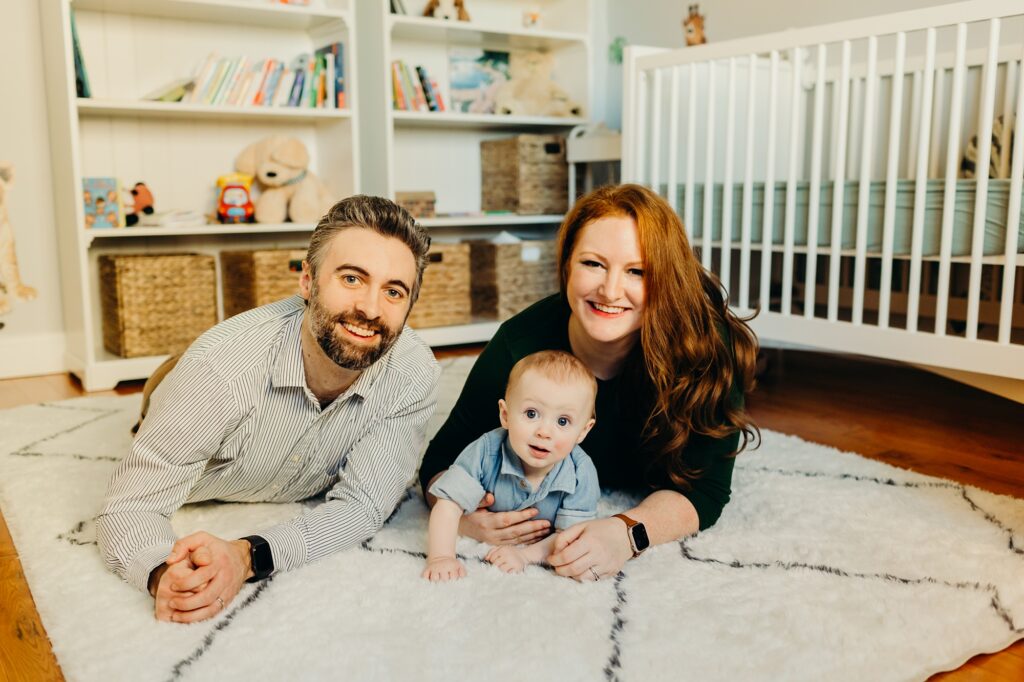 a family of three during their at home family session in Philadelphia, Pennsylvania 