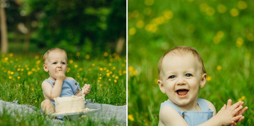 a one year old baby boy sitting in a yellow flower field during his Spring Cake smash photoshoot in Philadelphia, PA
