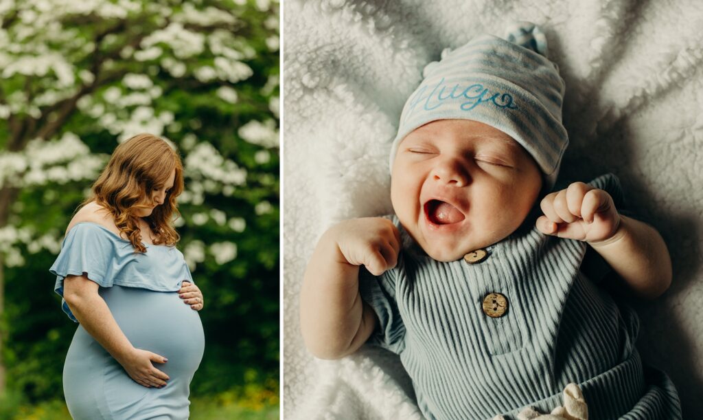 side by side photos of a pregnant mother & later her newborn baby in similar blue colors during their Philadelphia maternity & newborn sessions