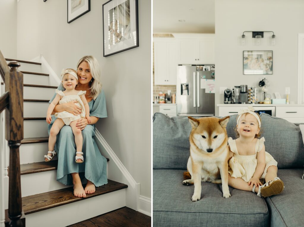 a mom and baby girl posing for their lifestyle at home family photos 