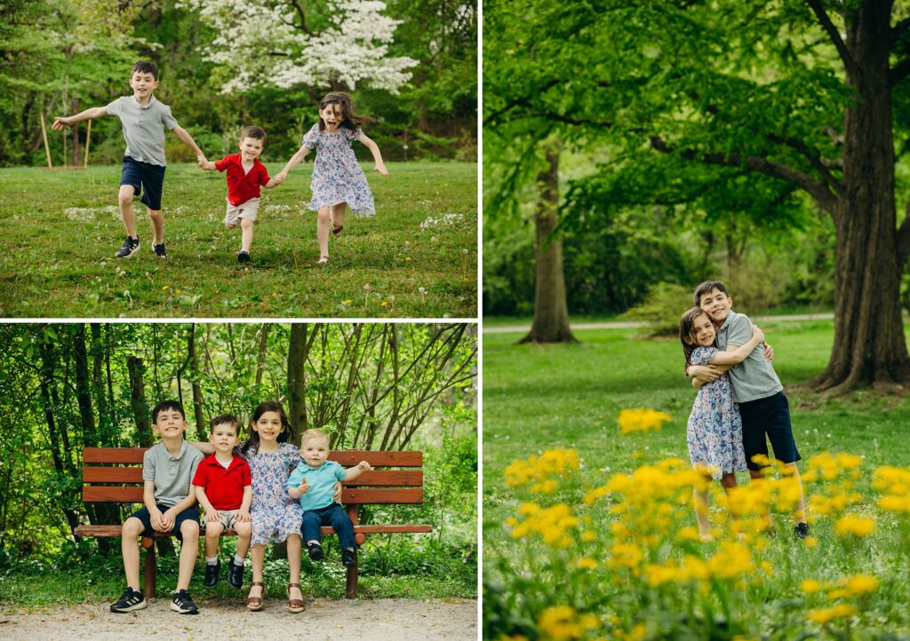 kids running and playing in an Ardmore Park during their family photos 