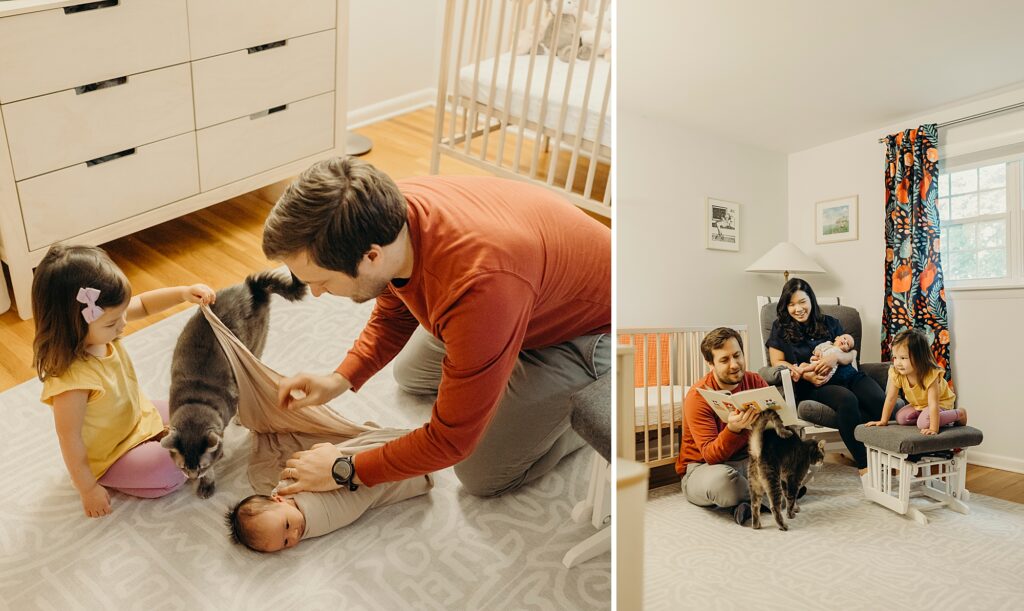 A lifestyle newborn session in Haddonfield, New Jersey with their pet cat. 