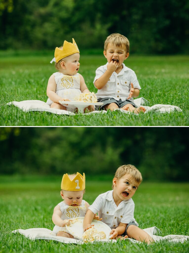 big brother stealing a bite of his baby sister's cake smash cake in Philadelphia park