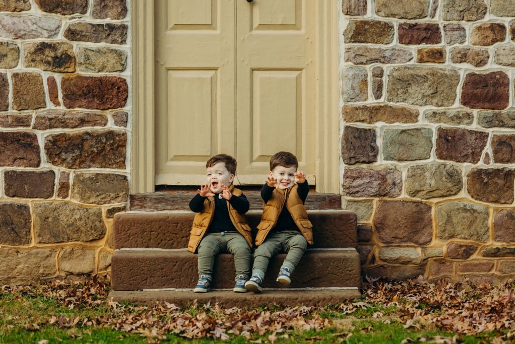 twin boys in a Philadelphia park during a Fall Family photoshoot