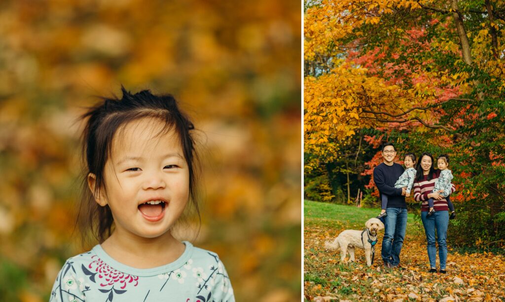 a family of four with their dog in a Philadelphia park on a beautiful fall day for their lifestyle family session 