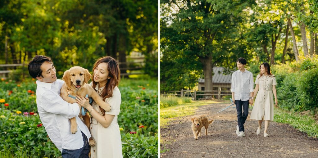 a Philadelphia couple with their golden retriever puppy during a lifestyle pet photoshoot 