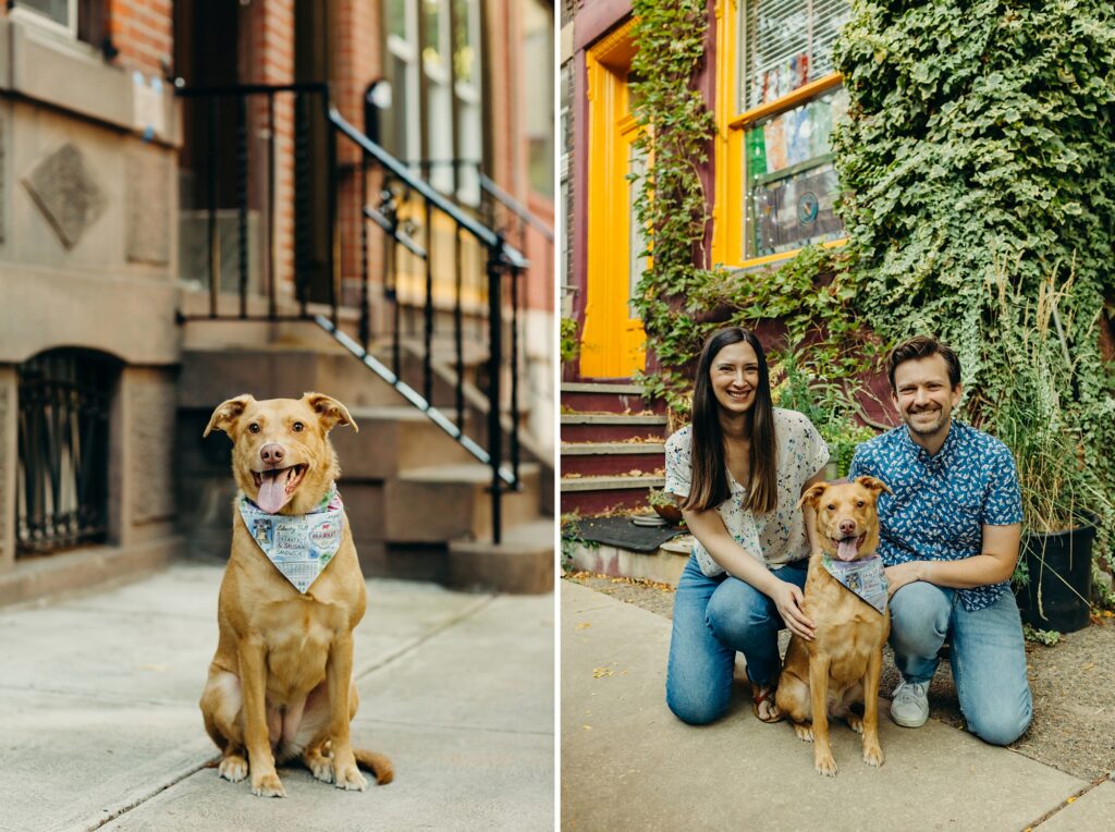 Philadelphia couple with their pet dog during a lifestyle pet photoshoot throughout the neighborhood