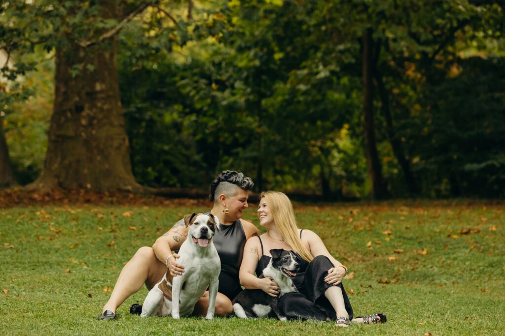 an LGBTQ couple with their dogs during a lifestyle photoshoot in Mt. Airy, Philadelphia 