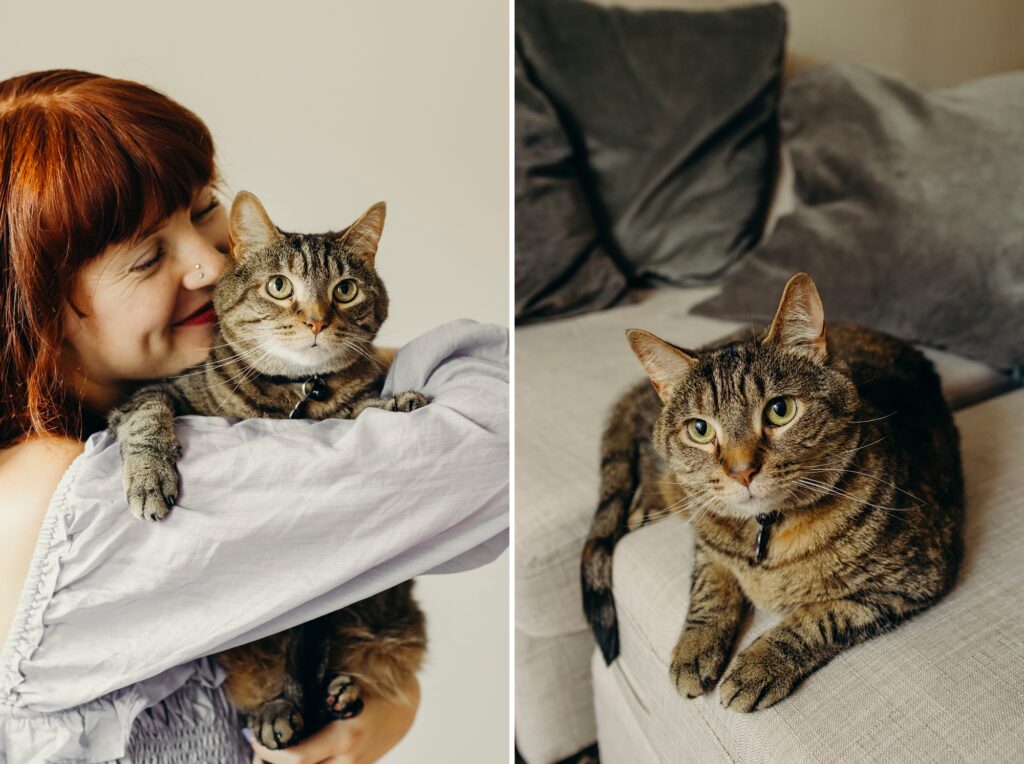 A south Philadelphia woman holding and giving snuggles to her pet cat during a photo session 