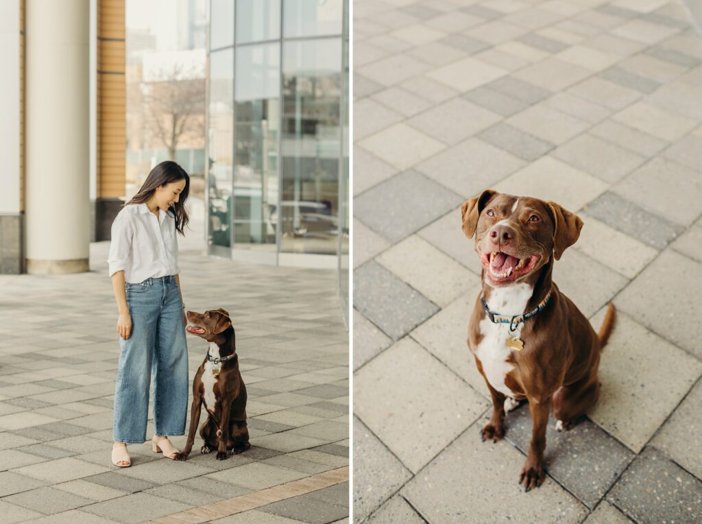 a woman and her dog during a pet photoshoot in South Philadelphia 