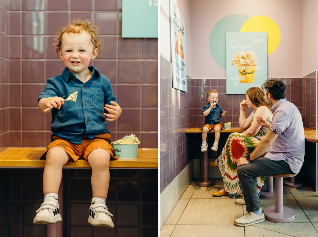 a toddler eating ice cream at Van Leeuwen in Center City Philadelphia during a lifestyle family photoshoot. 