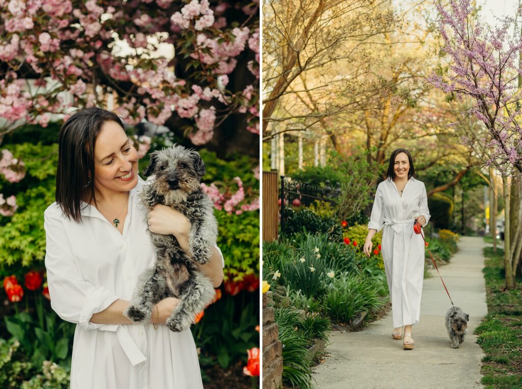 A Philadelphia woman walking with her pet dog through Chestnut Hill during a lifestyle pet photoshoot 