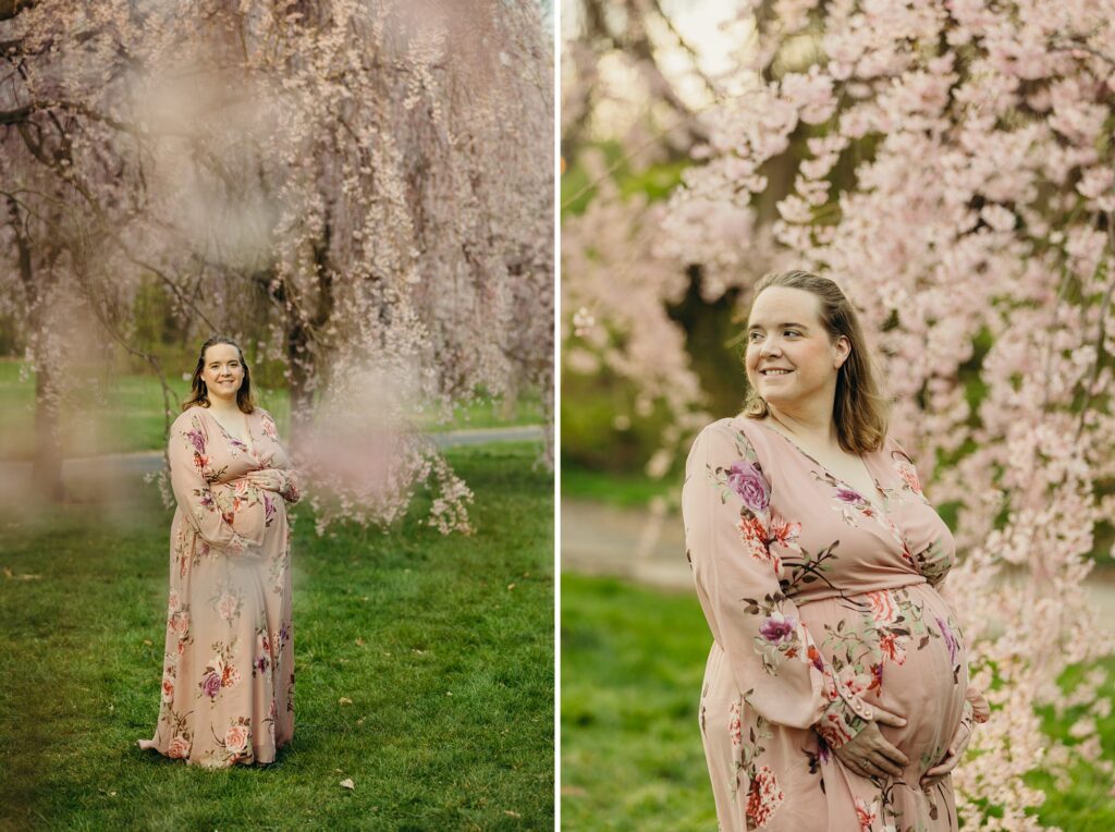 lifestyle maternity session in Philly, during spring by a cherry blossom tree. 